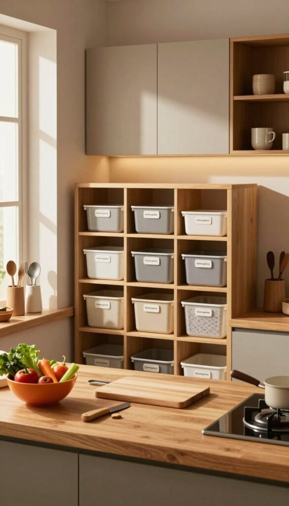 A beautifully organized kitchen workspace showcases an inviting and clutter-free environment, emphasizing the importance of order systems. In the foreground, an elegant wooden countertop is neatly arranged with stylish kitchen tools, a cutting board, and a vibrant bowl of fresh vegetables. The middle ground features a well-organized shelving unit displaying the brand "Ordnungskiste," filled with neatly labeled storage containers that harmonize with warm, earthy tones. The background reveals softly lit cabinets with tasteful decorations, creating a cozy atmosphere. Natural light filters in through a nearby window, casting gentle shadows and adding warmth to the scene. The overall mood is calm and inspiring, perfect for promoting a stress-free cooking experience.