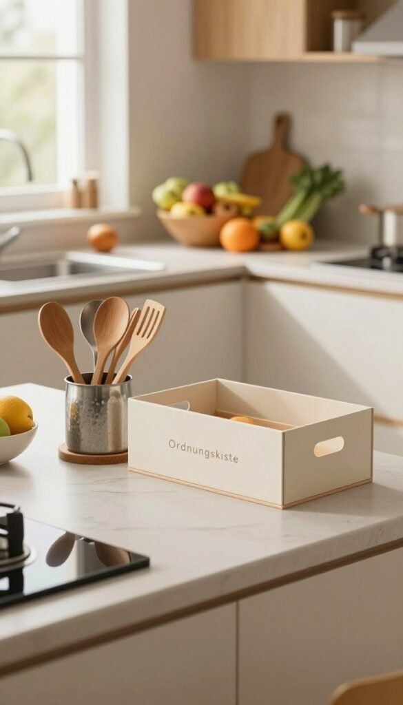 A beautifully organized kitchen workspace, showcasing a decluttered countertop featuring practical and stylish storage solutions. In the foreground, a set of wooden and metal utensils is neatly arranged next to a well-designed box labeled "Ordnungskiste," emphasizing organization. The middle ground displays vibrant fruits and vegetables in attractive bowls, contributing to the kitchen's inviting atmosphere. In the background, soft natural light spills through a window, casting warm hues and highlighting the kitchen's modern yet cozy design with light-colored cabinetry and minimalistic decorations. The overall mood is serene and inspiring, promoting a sense of calm and order within the family kitchen. The image should embody an authentic Pinterest aesthetic, with no text or branding overlays.