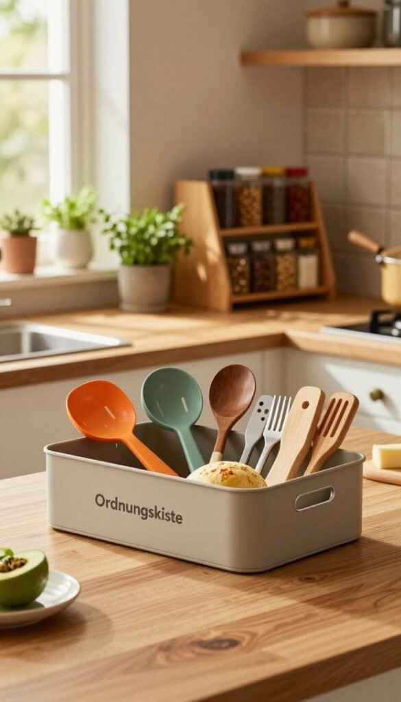 A beautifully organized kitchen workspace, showcasing a large wooden countertop with neatly arranged utensils and ingredients. In the foreground, a stylish "Ordnungskiste" storage box contains colorful kitchen tools, adding a pop of color. The middle ground features a well-stocked spice rack in warm tones, with herbs in small pots, creating an inviting atmosphere. In the background, sunlight filters through a window, casting soft, golden light across the room, enhancing the warm color palette and highlighting the rustic tiles. The scene captures a harmonious balance between functionality and aesthetic appeal, evoking a sense of calm and order, ideal for maintaining clarity in a busy kitchen environment.