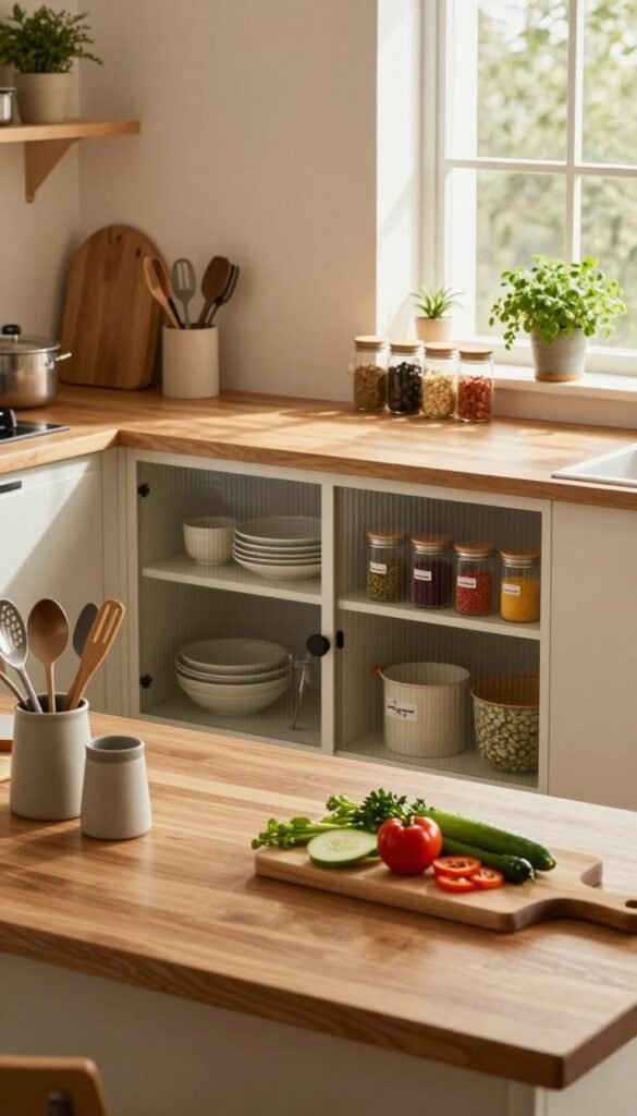 A beautifully organized kitchen workspace that embodies the concept of "k&uuml;che ordnung." In the foreground, a sleek wooden countertop with neatly arranged utensils and a cutting board holding fresh vegetables, showcasing an inviting cooking area. The middle layer features modern cabinets with transparent glass doors, displaying neatly arranged dishes and colorful spices in labeled jars. In the background, a tidy kitchen with warm, natural light pouring in through a window, highlighting the ambiance. The color palette should be warm and cozy, reflecting a Pinterest aesthetic, with earthy tones and pops of greenery from potted herbs. Soft shadows add depth to the scene, creating a calm and tranquil atmosphere. Include the branded element "Ordnungskiste" subtly integrated within the design, emphasizing organization without any text or watermarks.