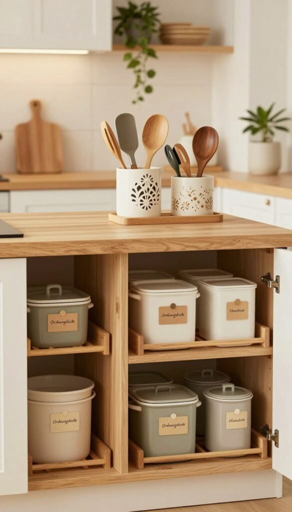 A beautifully organized kitchen zone showcasing effective storage solutions for kitchen helpers, featuring natural materials and warm colors. In the foreground, stylish wooden racks and neatly arranged containers labeled with handwritten tags. The middle ground includes a well-designed countertop with an array of kitchen utensils in a decorative holder, emphasizing accessibility without clutter. The background reveals an inviting kitchen space with soft lighting, creating a cozy atmosphere, and plants subtly placed for a touch of freshness. The overall image reflects a Pinterest-inspired aesthetic of organization and simplicity. Include the brand name "Ordnungskiste" elegantly displayed on one of the containers.