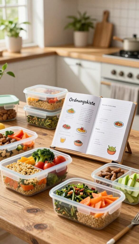 A beautifully organized meal plan displayed on a rustic wooden table, featuring a variety of healthy, colorful ingredients arranged artfully. The foreground showcases neatly labeled meal prep containers in soft pastel colors, filled with vibrant vegetables, grains, and proteins. In the middle, an elegant planner notebook titled "Ordnungskiste" lies open with beautifully illustrated meal ideas and notes about common meal planning pitfalls, complemented by a pencil. The background highlights a warm, inviting kitchen with natural light flooding through a window, casting gentle shadows, and plants adding a touch of greenery. The atmosphere is cozy and inspiring, evoking the joy of cooking and the benefits of planning meals effectively.