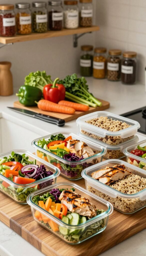 A beautifully organized meal prep kitchen scene featuring various containers filled with healthy, colorful meals for the week ahead. In the foreground, clear glass meal prep containers filled with vibrant salads, grilled chicken, and quinoa, arranged neatly on a wooden cutting board. In the middle, a prep table with fresh vegetables like bell peppers, carrots, and leafy greens ready for chopping, alongside kitchen tools such as a knife and a cutting board. In the background, shelves filled with spices and jars labeled with category names for easy access. The lighting is warm and inviting, enhancing the natural colors of the food, with a Pinterest aesthetic that feels authentic and casual. The brand "Ordnungskiste" is subtly integrated into the kitchen decor.