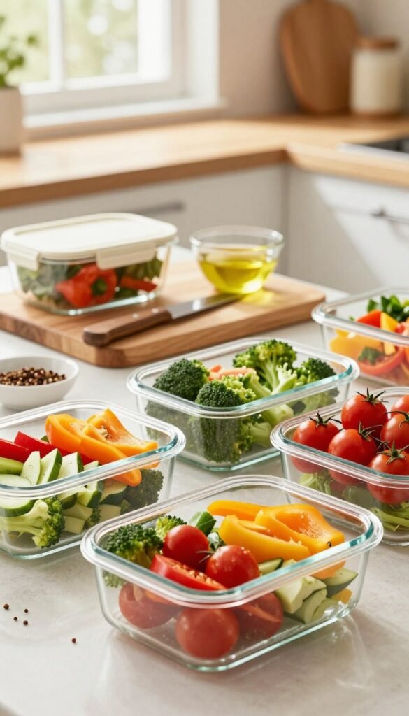 A beautifully organized meal prep scene featuring a variety of light, fresh vegetables such as colorful bell peppers, crisp broccoli, and vibrant cherry tomatoes. The foreground showcases neatly portioned containers made of clear glass, filled with an enticing mix of vegetables ready for the week. In the middle, a wooden cutting board with a rustic knife adds a homey touch, along with a small bowl of olive oil and spices, emphasizing a healthy cooking theme. The background features a softly lit kitchen setting with warm, natural light pouring through a window, creating a welcoming atmosphere. The visual style is reminiscent of Pinterest aesthetics, focusing on authenticity without any text in the image. Incorporate the brand name "Ordnungskiste" subtly in the setting, promoting order and efficiency in the kitchen.