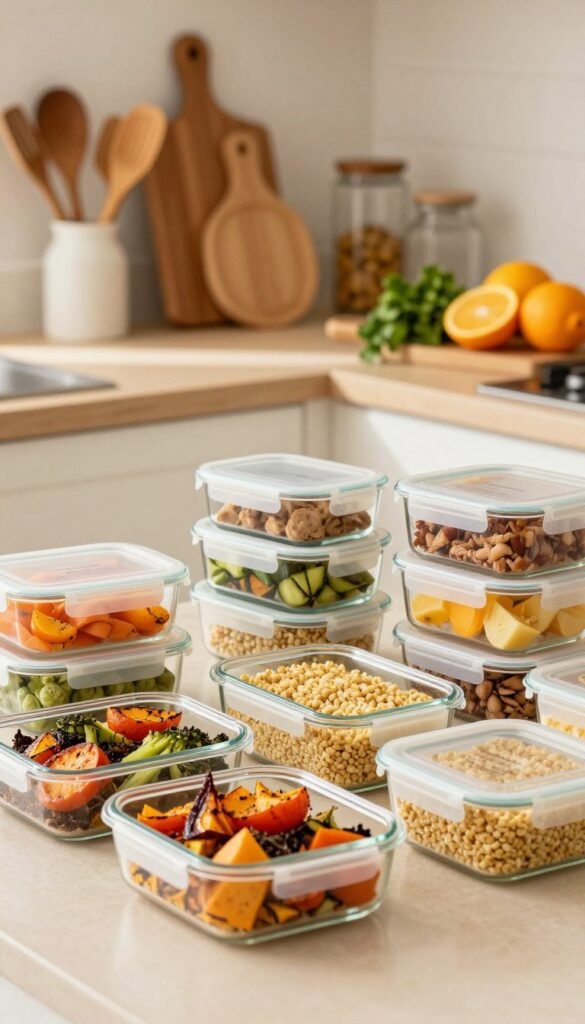 A beautifully organized meal prep scene featuring an array of colorful, healthy ingredients and properly labeled containers by the brand "Ordnungskiste". In the foreground, there are neatly arranged glass meal prep containers filled with vibrant roasted vegetables, grains, and proteins, all portioned for easy access. In the middle ground, a clean kitchen countertop showcases wooden utensils and a stylish cutting board, with fresh ingredients like herbs and citrus fruits adding vibrant pops of color. The background features warm, inviting kitchen decor with soft, natural lighting creating a cozy atmosphere. The overall aesthetic is natural and warm, embodying a Pinterest-inspired look that feels both authentic and relaxing, with no text or overlays in the image.