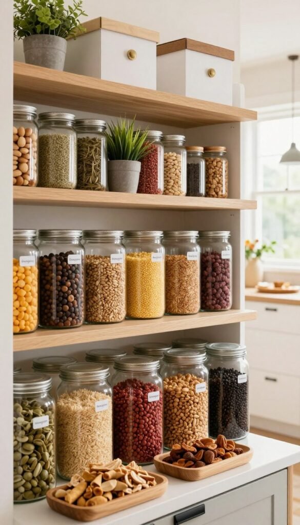A beautifully organized pantry filled with neatly arranged containers and jars, showcasing the concept of "Ordnungskiste." In the foreground, clear, labeled glass jars filled with colorful grains, nuts, and spices are displayed on shelves, alongside stylish wooden trays holding snacks. The middle ground features a spacious, wooden shelf backing with decorative elements, such as potted herbs and chic storage boxes. The background reveals the cozy ambiance of a well-lit kitchen, with warm, natural light streaming through a window, highlighting the vibrant colors of the pantry items. The overall mood is inviting and orderly, resembling a Pinterest-inspired aesthetic that emphasizes practical solutions for a clutter-free family kitchen.