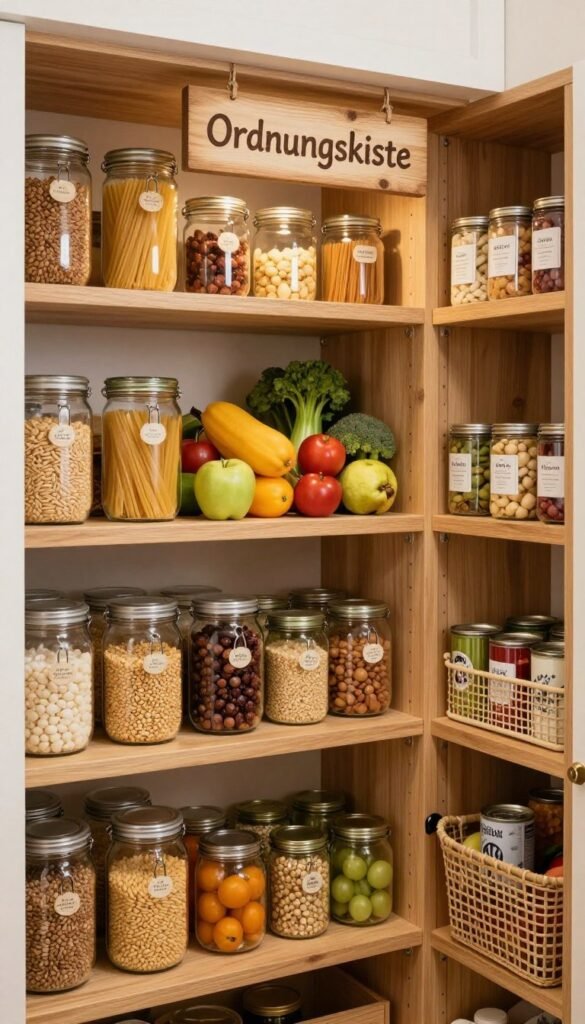 A beautifully organized pantry showcasing a systematized array of food items. In the foreground, neatly labeled jars and baskets with various grains, pasta, and canned goods sit on clean, wooden shelves. The middle layer features an open section of the pantry revealing vibrant fruits and vegetables arranged in an aesthetically pleasing manner. The background includes soft, warm ambient lighting that highlights the natural wood tones and creates a cozy atmosphere. A rustic wooden sign reading "Ordnungskiste" hangs above, adding a touch of charm. The scene is styled with a Pinterest-inspired look, emphasizing authenticity with no text or overlays present. The angle captures the pantry in its entirety, inviting viewers to admire the organized beauty and practicality within a family kitchen.