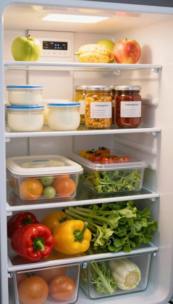 A beautifully organized refrigerator interior, showcasing a variety of fresh, colorful foods arranged meticulously for optimal food safety. In the foreground, a close-up of crisp vegetables like bell peppers and leafy greens nestled in clear containers. The middle section displays neatly stacked dairy products and a few jars labeled with expiration dates, emphasizing organization and safety. The background features the refrigerator's digital temperature display and shelves lined with fruits, all illuminated by soft, warm lighting to create an inviting atmosphere. The overall image should evoke a sense of calm and order, with a Pinterest-worthy aesthetic. Include a subtle hint of the brand name "Ordnungskiste" on one of the containers, blending it seamlessly into the scene.
