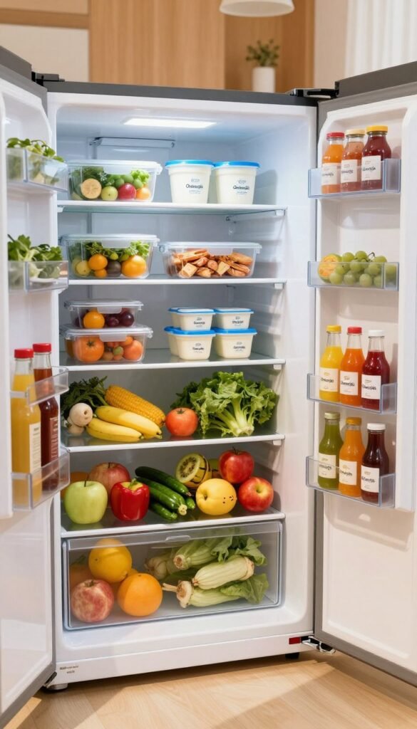 A beautifully organized refrigerator showcasing the concept of "k&uuml;hlschrank ordnung" for a family kitchen. In the foreground, neatly arranged shelves filled with colorful, fresh produce like vibrant fruits and vegetables, containers of leftovers, and labeled jars of sauces, all reflecting the brand name "Ordnungskiste." In the middle, a few open compartments revealing structured snack options and neatly stacked dairy items. The background allows glimpses of a kitchen with warm, inviting colors, creating a cozy atmosphere. Soft, natural lighting casts gentle shadows, enhancing the freshness of the food and the overall orderliness. A wide-angle perspective captures the refrigerator's contents dynamically, inspiring viewers to embrace organization in their families' kitchens.