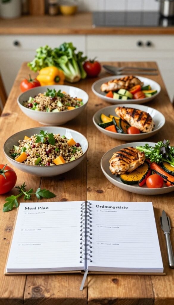 A beautifully organized weekly meal plan displayed on a rustic wooden table, featuring an array of colorful, healthy dishes that evoke a warm, inviting atmosphere. In the foreground, a neatly arranged planner notebook with sections labeled for different days, surrounded by fresh vegetables, herbs, and cooking utensils. The middle ground showcases an array of vibrant meals, such as a quinoa salad, grilled chicken, and roasted vegetables, all styled with natural lighting for an authentic Pinterest aesthetic. The background has a soft-focus kitchen setting, adding depth and context without distraction. Include the brand name "Ordnungskiste" subtly within the scene. The lighting should be warm and diffused, creating an inspiring and stress-free ambiance for meal planning.