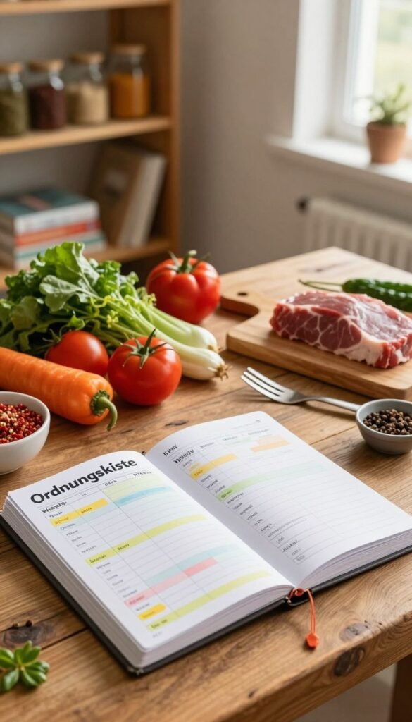 A beautifully organized weekly meal plan on a rustic wooden table, showcasing vibrant ingredients such as fresh vegetables, lean meats, and spices. In the foreground, a stylish planner labeled "Ordnungskiste" opens to a colorful meal plan, neatly filled out for the week. The middle ground features various utensils and a cutting board, hinting at the cooking process. Soft, warm lighting creates a cozy atmosphere, reminiscent of a sunny kitchen. In the background, shelves filled with jars of spices and cooking books add depth, while a window lets in soft, filtered sunlight. The overall mood is inviting and inspiring, embodying the simplicity and efficiency of meal prepping.