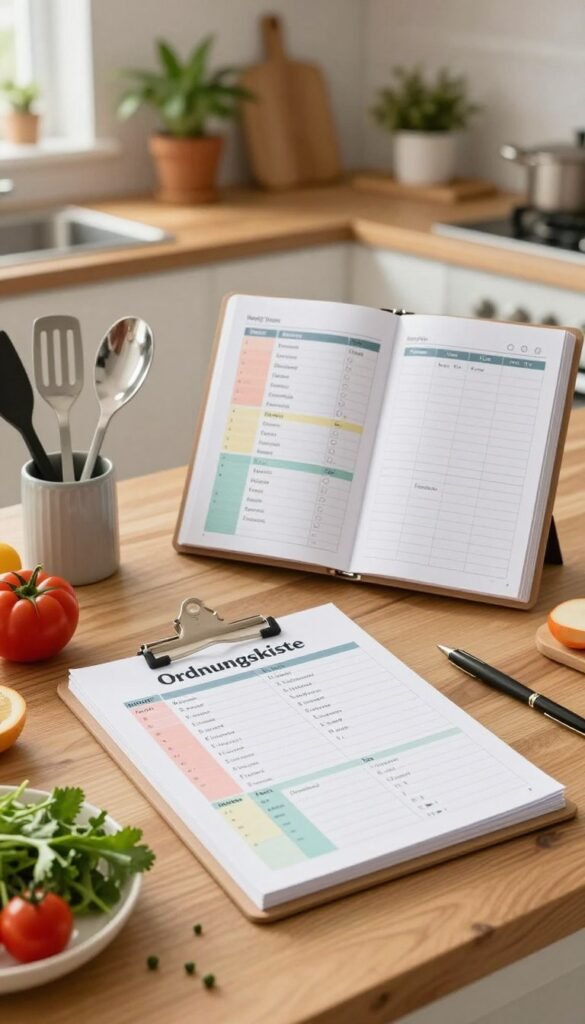 A beautifully organized weekly meal plan on a wooden kitchen countertop, featuring a stylish clipboard labeled "Ordnungskiste". In the foreground, highlighted items include vibrant vegetables, fresh herbs, and a neatly arranged set of cooking utensils. In the middle ground, an open planner shows color-coded daily sections filled with diverse recipe names, accompanied by soft, natural lighting that creates a warm and inviting atmosphere. In the background, a cozy kitchen scene with potted plants and wooden shelves adds to the charm, evoking a Pinterest-inspired aesthetic. The overall mood is structured yet inviting, promoting an efficient cooking experience with a clear overview. No text, captions, or logos are present in the image.