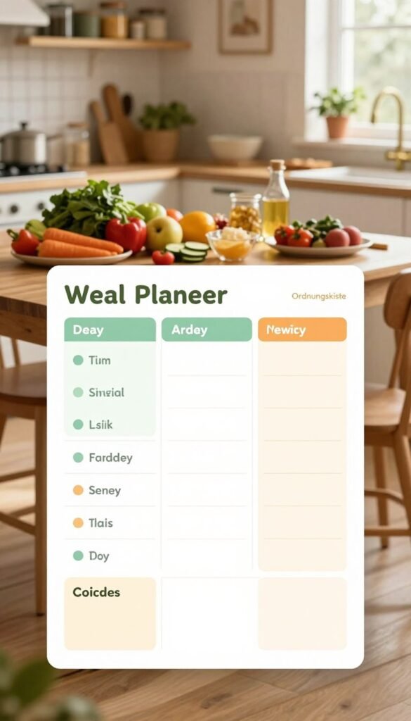 A beautifully organized weekly meal planner displayed prominently in the foreground, featuring clean and colorful sections for each day of the week. Surrounding the planner, an aesthetically pleasing kitchen environment with warm, inviting lighting that creates a cozy atmosphere. In the middle ground, a wooden table holds an assortment of fresh vegetables, fruits, and neatly arranged ingredients, suggesting a well-planned shopping list. In the background, shelves filled with cooking essentials and a hint of natural light streaming through a window add to the warmth. The overall mood is calm and efficient, embodying the essence of family cooking with limited time. A subtle reference to the brand "Ordnungskiste" can be incorporated into the design, promoting an organized kitchen lifestyle. No text, captions, or overlays included.