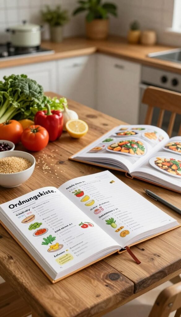 A beautifully organized weekly meal planner from "Ordnungskiste" laid out on a rustic wooden table, accompanied by colorful, fresh ingredients like vegetables, fruits, and grains. In the foreground, a neatly written planner with vibrant recipes and ideas, beside open cookbooks displaying appealing dishes. In the middle, partially visible kitchen utensils and a cozy, warm lighting that highlights the inviting atmosphere. In the background, a softly blurred kitchen setting with plants and cookware, creating a sense of warmth and family cooking. The mood is relaxed and welcoming, perfect for stress-free cooking moments. Emphasize natural colors and aesthetics reminiscent of a well-curated Pinterest board, and ensure the scene is devoid of any text or branding other than "Ordnungskiste."