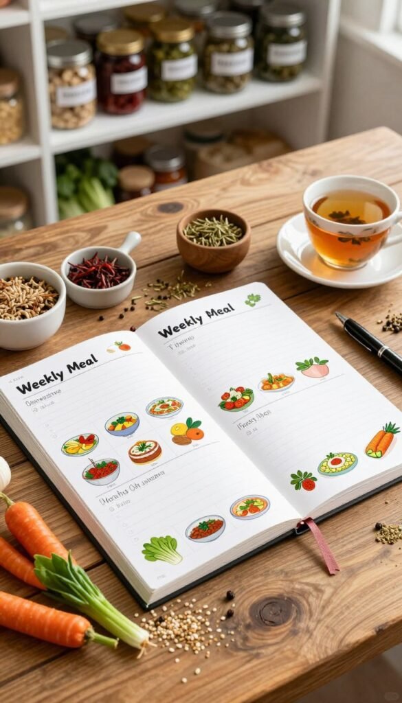 A beautifully organized weekly meal planner set on a rustic wooden table, featuring a neatly laid out grid with colorful illustrations of various healthy dishes. The foreground includes fresh ingredients like vegetables, grains, and spices elegantly arranged around the planner. In the middle, soft natural lighting enhances the warm colors, giving a cozy, inviting atmosphere. A cup of herbal tea and a pen are placed nearby, suggesting a moment of thoughtful planning. The background displays a well-stocked pantry with jars and containers labeled "Ordnungskiste," adding a sense of order and structure. The overall mood is inspiring and calming, ideal for promoting meal planning as an efficient and stress-relieving activity.
