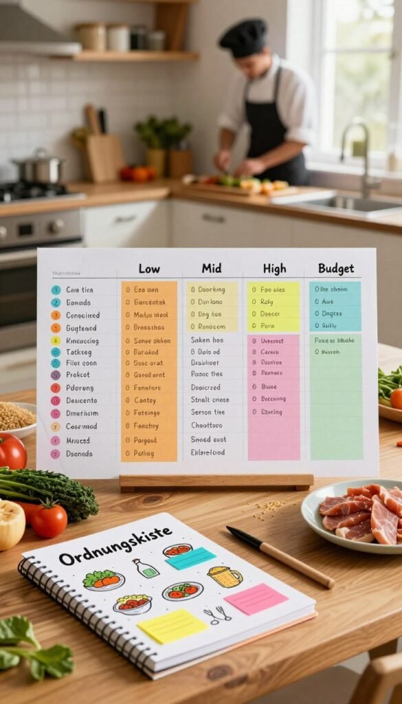 A beautifully organized weekly meal planning chart displayed on a wooden kitchen table, featuring colorful meal options for low, mid, and high-budget categories. In the foreground, there’s a stylish notebook labeled “Ordnungskiste” with hand-drawn meal icons and vibrant sticky notes. In the middle, an assortment of fresh ingredients like vegetables, grains, and proteins are artistically laid out, reflecting healthy eating choices. The background shows a softly lit kitchen with warm colors, where a chef in professional attire is preparing a meal. Natural light filters through a window, creating a cozy and inviting atmosphere, ideal for meal prep and planning. The overall mood is inspiring and encouraging for home cooks looking to save time with planned meals.