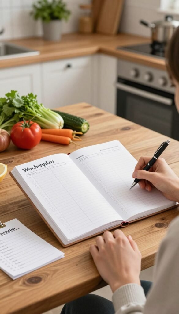A beautifully organized weekly planner ("Wochenplan") displayed on a rustic wooden kitchen table, surrounded by fresh vegetables, a shopping list, and a stylish pen. The planner, branded with "Ordnungskiste", features a clean, elegant design with boxes for each day of the week. In the foreground, a person in modest casual clothing is thoughtfully jotting down meal ideas; they exude a sense of calm and focus. In the middle, the kitchen has warm, soft lighting, enhancing a cozy and authentic atmosphere, with a hint of greenery from potted herbs in the background. The setting emphasizes functionality in family life, suggesting the ease of planning meals and shopping. The overall mood is inviting, organized, and conducive to stress-free decision-making.