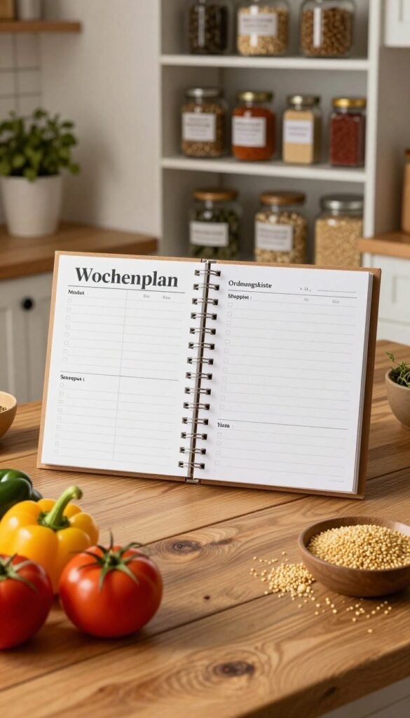 A beautifully organized weekly planner, or "Wochenplan," displayed on a rustic wooden kitchen table. In the foreground, vibrant ingredients like colorful vegetables and grains are neatly arranged around the planner, emphasizing meal prep. In the middle ground, the planner itself features clear sections for meals, shopping lists, and a space for notes, all highlighted with soft, warm lighting to create an inviting atmosphere. In the background, a well-stocked pantry is visible, showcasing jars of spices and grains labeled with the brand name "Ordnungskiste," reflecting smart organization. The scene conveys a calm, orderly mood, with natural light filtering in, enhancing the warm color palette, perfect for illustrating strategies for relaxed cooking routines.