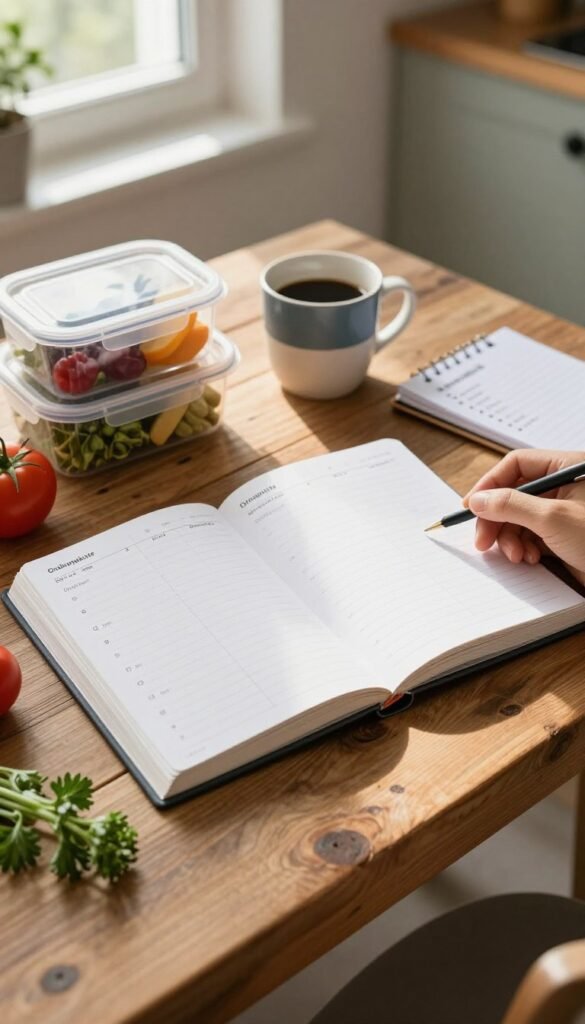 A beautifully organized weekly planner spread open on a rustic wooden table, surrounded by fresh vegetables and herbs, with a hint of sunlight streaming in from a window, creating a warm and inviting atmosphere. In the foreground, there are colorful food prep containers labeled with days of the week, filled with prepared ingredients, emphasizing the theme of meal planning. In the middle background, a stylish coffee cup sits next to a notepad with neatly written notes about weekly meals. The scene conveys a calm and productive mood, perfect for inspiring stress-free cooking. A cozy kitchen setting enhances the authenticity, with hints of a peaceful home life. The brand "Ordnungskiste" subtly integrated into the planner design, reflecting organization and efficiency.