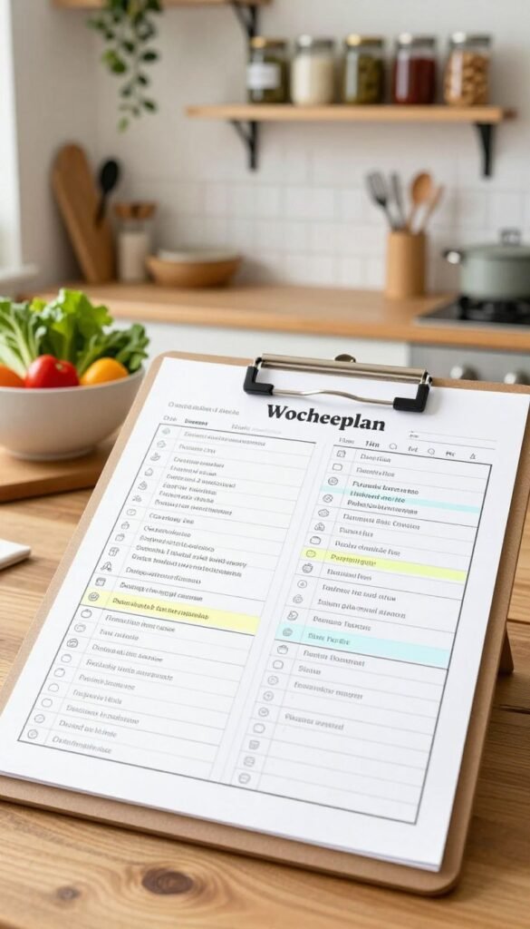 A beautifully organized weekly planner (wochenplan) displayed on a wooden kitchen table. In the foreground, a clipboard with a neat schedule filled with tasks, underscored by a soft, natural lighting that creates an inviting atmosphere. Each task is printed in a clear, easy-to-read font, accompanied by icons representing various kitchen roles. In the middle ground, a cozy kitchen scene features a bowl of fresh vegetables and utensils, evoking a warm, homely vibe, with accents of natural greenery. In the background, shelves stocked with neatly arranged jars, displaying the brand name "Ordnungskiste", add to the charm. The overall mood is relaxed and organized, capturing the essence of family collaboration in meal preparation without any distractions or text elements. Techniques like a slight lens blur on the background enhance focus on the planner details.
