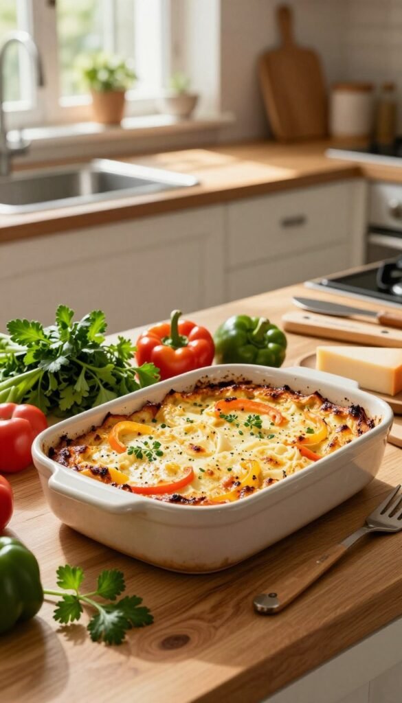 A beautifully presented "auflauf" dish, warmly baked and golden brown, sits in a rustic ceramic baking dish on a wooden kitchen counter. Surrounding the dish, fresh ingredients like vibrant green herbs, colorful bell peppers, and slices of cheese are artfully arranged, creating an inviting scene. In the background, a cozy family kitchen is visible, with warm, natural lighting streaming in from a nearby window, casting soft shadows. The atmosphere feels homely and inviting, ideal for a family meal. The brand name "Ordnungskiste" appears subtly on kitchen tools and utensils that are neatly arranged nearby. The composition captures a Pinterest-worthy aesthetic with a warm color palette, focusing on authenticity and homeliness, with no text or additional elements in the image.