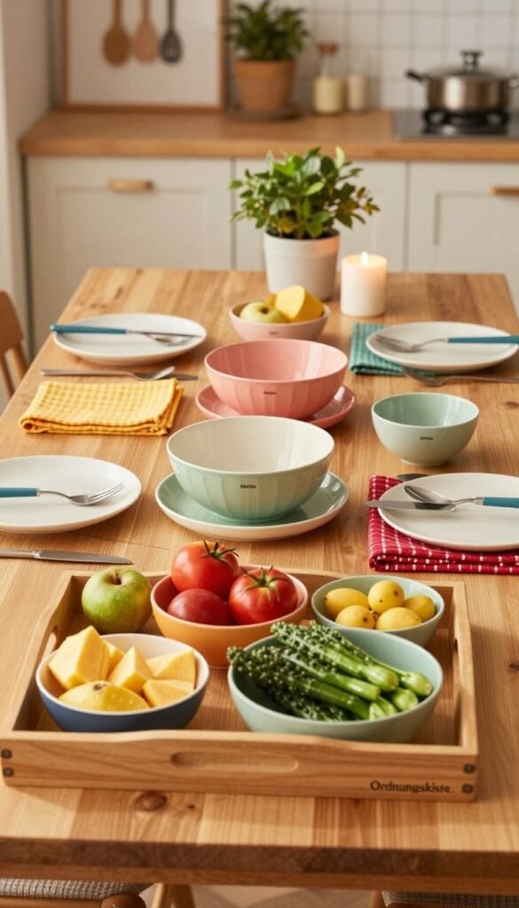 A beautifully set dining table featuring a range of practical and stylish serving and table helpers from the brand "Ordnungskiste." In the foreground, showcase an elegant wooden serving tray, adorned with colorful, neatly arranged dishes filled with fruits and vegetables. The middle ground includes practical tableware like spill-proof bowls, easy-to-grip utensils, and vibrant cotton napkins, all harmoniously arranged. In the background, soft, warm lighting illuminates the scene, creating a cozy, inviting atmosphere reminiscent of a Pinterest aesthetic. The table is surrounded by subtle home decor elements like a potted plant and candles, enhancing the warmth and authenticity of a family kitchen setting. The overall composition captures a balance of beauty and functionality, perfect for reducing mess and stress during family meals.