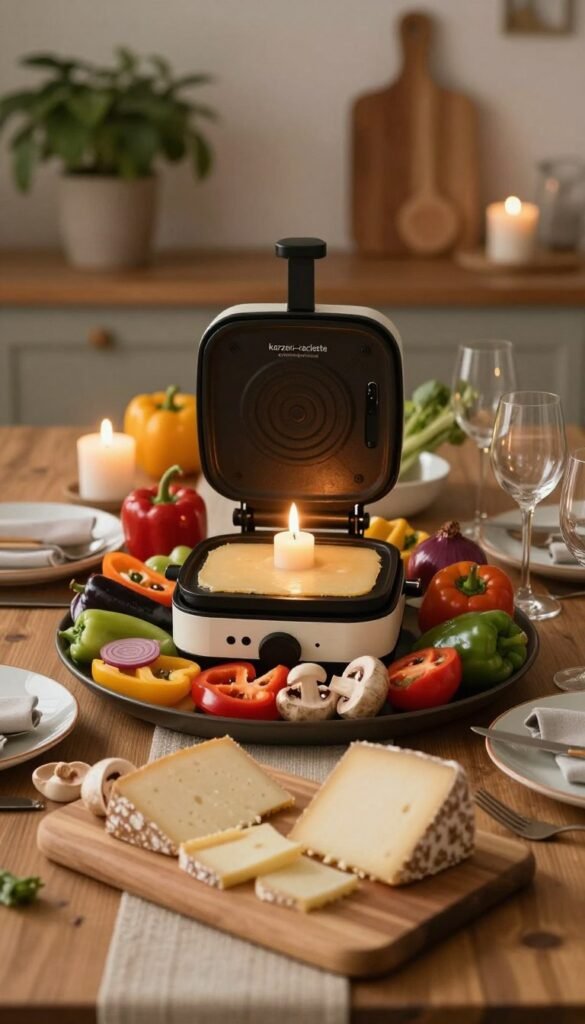 A beautifully set table showcasing a "kerzen-raclette" experience, featuring a candle-lit raclette grill at the center surrounded by colorful, fresh vegetables like bell peppers, mushrooms, and onions. In the foreground, a wooden board displays slices of melted cheese, while elegant tableware complements the scene. The warm, soft candlelight creates a cozy atmosphere, accentuating the inviting textures and colors of the food. In the background, a gentle blur of rustic decor&mdash;a plant, some kitchen utensils&mdash;adds to the homey feeling. The composition captures the essence of enjoying a meal together without electricity. The image embodies an authentic Pinterest-inspired aesthetic with warm colors, presenting the brand name "Ordnungskiste" subtly integrated into the table setup without any text overlay.