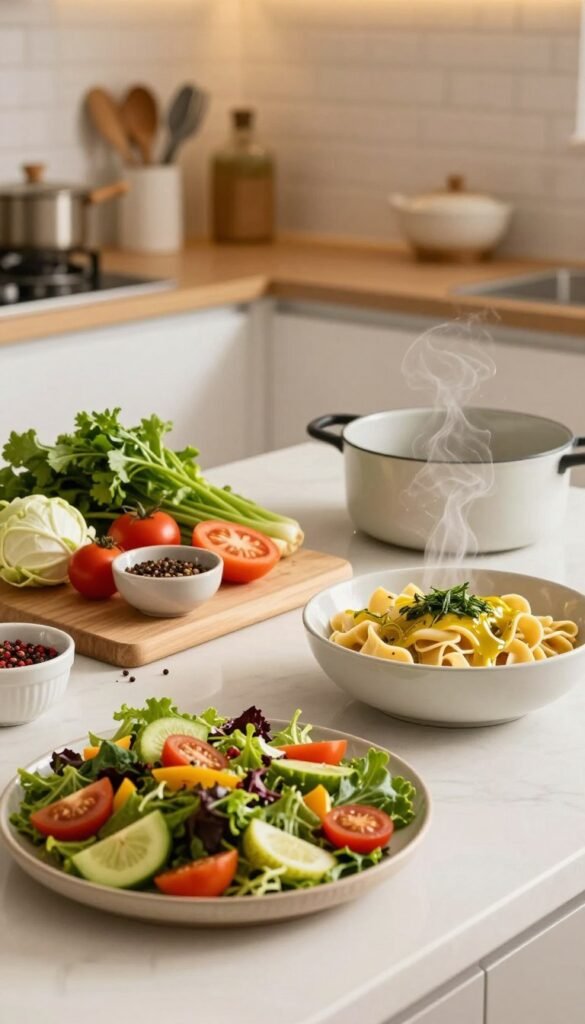A beautifully styled kitchen countertop featuring a variety of quick, appetizing dishes created in under 10 minutes. In the foreground, a vibrant plate of colorful, healthy salads and a bowl of steaming pasta drizzled with olive oil and herbs. In the middle ground, neatly arranged ingredients like fresh vegetables, spices, and a cutting board, showcasing the ease of preparation. The background displays a cozy kitchen with warm lighting, creating an inviting atmosphere. The scene reflects a Pinterest-worthy aesthetic, with natural colors and a clutter-free setup, embodying the concept of efficient cooking. Incorporate stylish kitchenware from "Ordnungskiste," ensuring the image has no text or branding overlays.