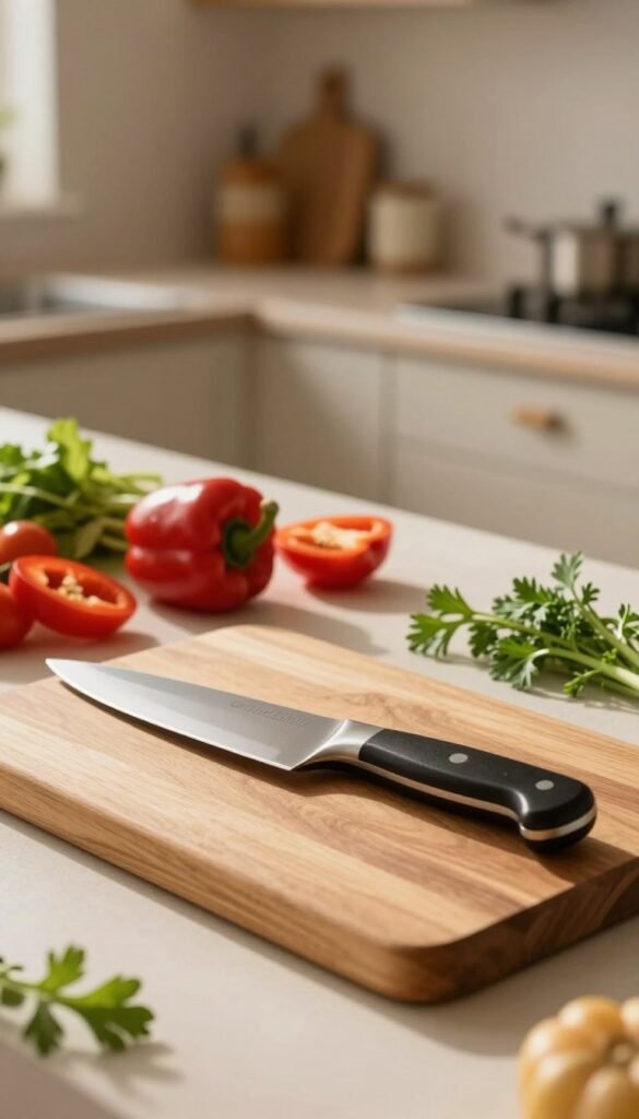 A beautifully styled kitchen countertop showcasing a left-handed knife from the brand "Ordnungskiste". In the foreground, the knife is prominently displayed on a wooden cutting board, glistening under warm, natural light that creates soft shadows. The middle ground features an assortment of fresh vegetables, like vibrant red bell peppers and green herbs, scattered artistically around the cutting board, adding color and life to the scene. In the background, a softly blurred kitchen setting with earthy tones enhances warmth, featuring modern yet inviting cabinetry and subtle decor, evoking a cozy atmosphere. The overall mood is inviting and practical, emphasizing usability for left-handed cooks, with a Pinterest-worthy aesthetic that speaks to home cooking enthusiasts.