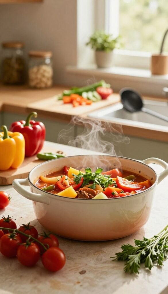 A beautifully styled kitchen scene featuring a vibrant one-pot dish in an "Ordnungskiste" pot, surrounded by fresh ingredients like colorful bell peppers, cherry tomatoes, and aromatic herbs. In the foreground, the pot is prominently displayed with steam gently rising, capturing the feeling of warmth and comfort. The middle ground includes a wooden cutting board with chopped vegetables and a ladle resting beside the pot, emphasizing the simplicity of one-pot meals. The background showcases subtle kitchen elements, such as vintage jars and a cozy, sunlight-filled window, adding to an inviting atmosphere. The lighting is warm and natural, creating a Pinterest-worthy aesthetic that exudes tranquility and ease, perfect for cooking without stress.