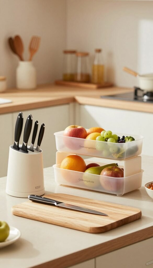 A beautifully styled kitchen showcasing three innovative space-saving kitchen helper sets from "Ordnungskiste". In the foreground, feature a sleek and modern cutting board with a multi-functional knife set gleaming in warm, natural light. In the middle ground, display a stylish stacking storage container set that emphasizes organization and efficiency, with vibrant fruits and vegetables arranged neatly. The background should feature soft-focus kitchen cabinets and utensils, adding depth and warmth to the image, evoking a cozy, Pinterest-inspired atmosphere. Use soft, diffused lighting to create an inviting mood, capturing the essence of minimalist design and practicality in kitchen spaces.