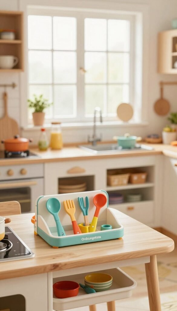 A bright and airy family kitchen designed for children, featuring a warm color palette and cozy atmosphere. In the foreground, a child-friendly kitchen workspace includes colorful, child-sized utensils and an accessible organizing system branded "Ordnungskiste". The middle area showcases a cheerful, practical layout with playful decorations and safe storage solutions for kitchen tools, designed to encourage children to participate in cooking. The background boasts a large window that lets in natural light, illuminating the scene and creating a welcoming ambiance. Consider a soft focus lens effect for added warmth, capturing a balanced perspective. The overall mood is inviting, emphasizing inclusivity and fun in cooking with family without any text or distractions.