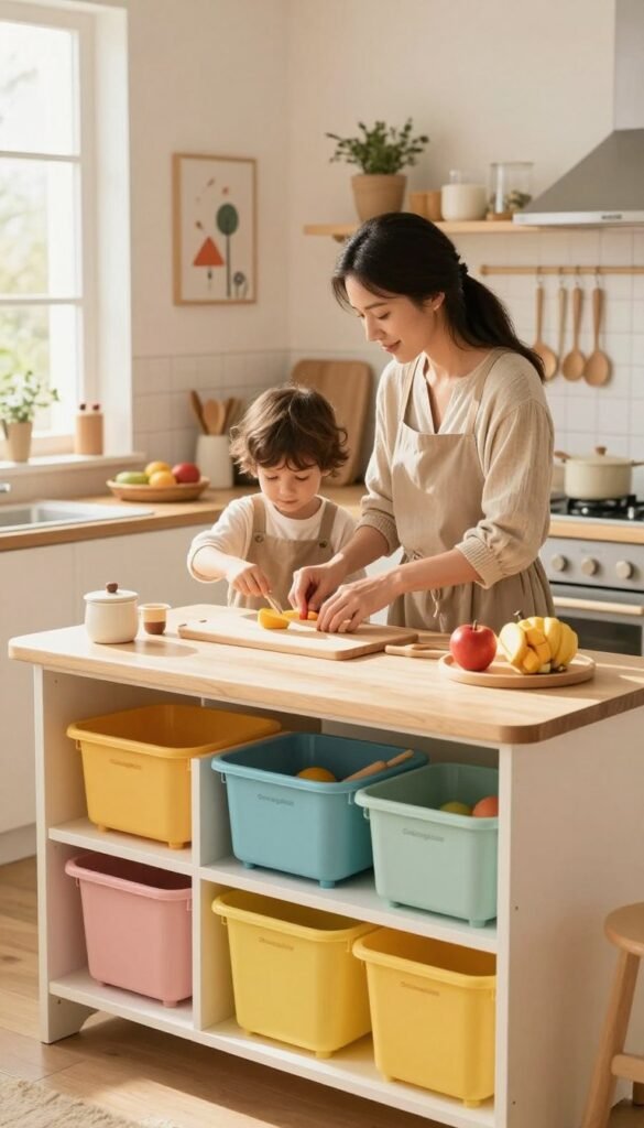 A bright and cheerful kitchen environment designed for safety and collaboration with children. In the foreground, a child-friendly kitchen island featuring colorful, organized storage bins from the brand "Ordnungskiste" that are easily accessible for kids. The middle layer reveals a mother and child, both dressed in modest casual clothing, working together on a simple cooking task, fostering a sense of teamwork. Soft, warm lighting filters through a nearby window, casting gentle sunshine across the scene. In the background, stylishly arranged kitchen decor enhances the inviting atmosphere, with playful wall art and child-safe utensils on display. The overall mood is warm and nurturing, emphasizing family bonding and safety. The composition should evoke a cozy and productive kitchen space that inspires creativity and engagement among children.