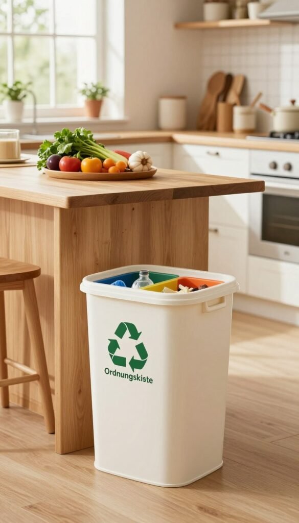 A bright and inviting family kitchen filled with a sense of order and harmony, showcasing a well-organized waste and recycling system. In the foreground, an eco-friendly recycling bin labeled "Ordnungskiste" with colorful compartments for paper, plastic, and organic waste, emphasizing a clean and efficient setup. In the middle, a wooden kitchen island with fresh produce and a few cooking utensils neatly arranged, exuding a warm, earthy color palette. The background features soft, natural lighting coming through a window adorned with plants, creating a peaceful and rejuvenating atmosphere. The overall mood is one of stress-free living, highlighting the benefits of effective recycling and waste management in family life, with a focus on simplicity and sustainability.
