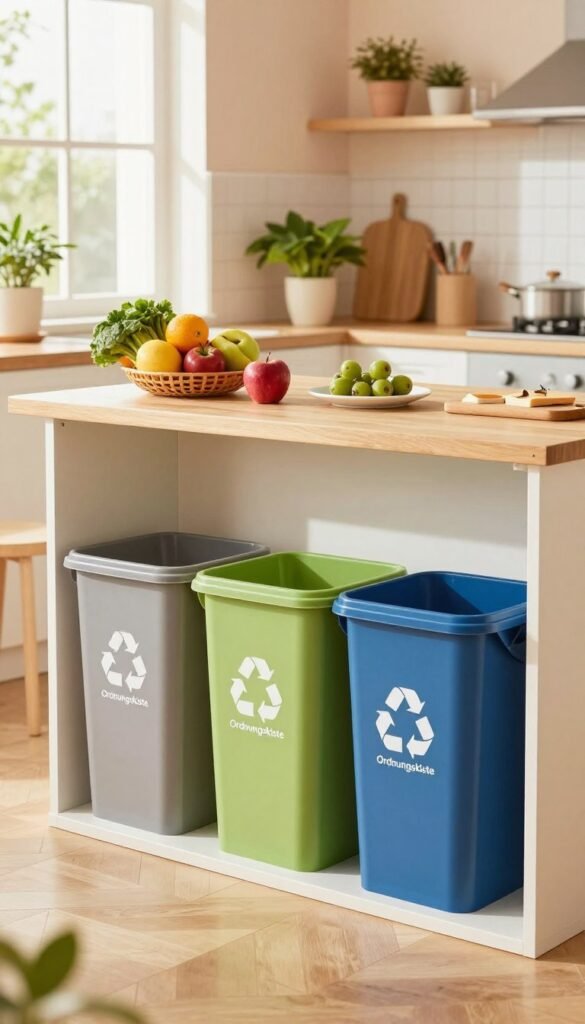 A bright and inviting family kitchen scene, featuring a well-organized waste separation station prominently displayed. In the foreground, three color-coded bins labeled for recycling, compost, and general waste, labeled with the brand name "Ordnungskiste." The middle ground showcases a tidy kitchen island with fresh fruits and vegetables, emphasizing cleanliness and a family-friendly environment. Light streams in through a window, casting warm, natural illumination over the scene, creating an atmosphere of warmth and care. The background includes soft, pastel-colored walls and cheerful potted plants, enhancing the Pinterest aesthetic. The composition should show the waste separation bins at a child-accessible height, ensuring safety and easy use for kids. No text, people, or distractions&mdash;just a beautifully arranged kitchen focused on effective waste management.
