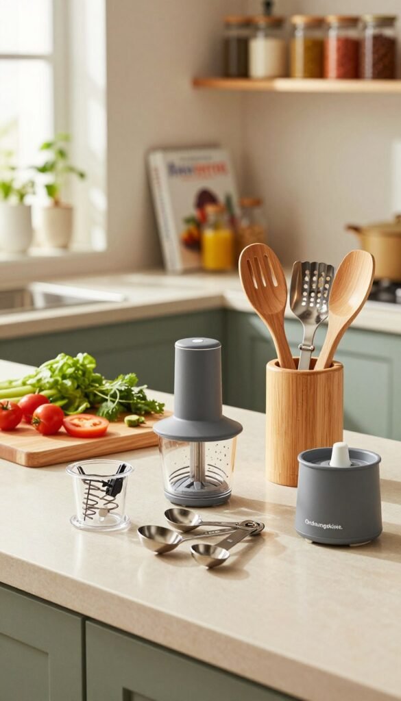 A bright and inviting kitchen countertop displaying a variety of multifunctional kitchen tools from the brand "Ordnungskiste." In the foreground, showcase sleek utensils, such as a multi-chopper, measuring spoons, and a vegetable spiralizer, arranged neatly in a wooden utensil holder. In the middle ground, include a vibrant cutting board with fresh vegetables and herbs, highlighting the practical uses of these tools. The background features soft shelving filled with spices and cookbooks, creating a warm, homey atmosphere. The lighting is natural, streaming in from a nearby window, casting gentle shadows. The overall mood is cozy and functional, perfect for inspiring home cooks. No text or branding visible within the image.