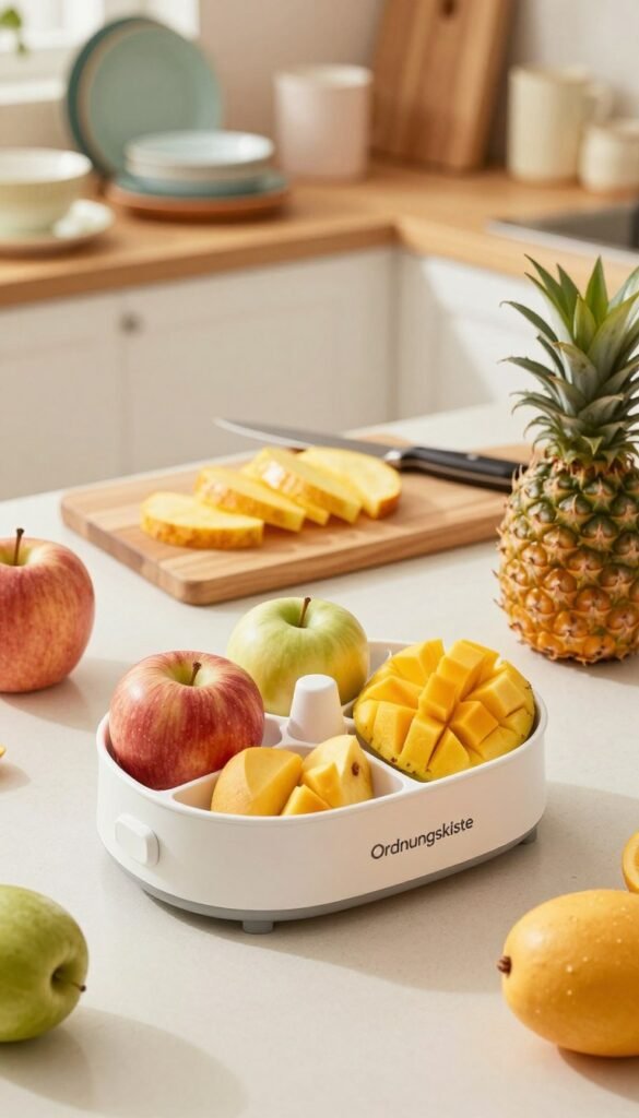 A bright and inviting kitchen countertop setting showcasing a specialized fruit divider designed for apples, mangoes, and pineapples. The foreground features the sleek "Ordnungskiste" fruit divider in an ergonomic design, expertly positioned with vibrant, fresh fruits around it. The middle ground includes a cutting board with neatly sliced fruit pieces, highlighting the precision of the tool, and a kitchen knife, emphasizing functionality. The background features soft-focus kitchen elements, such as colorful dishware and rustic wooden shelves, bathed in warm, natural lighting that creates a cozy atmosphere. Capture this scene from a slight overhead angle to give an expansive view, enhancing the appeal of modern kitchen helpers while evoking a Pinterest-like aesthetic, authentic and filled with warm colors. No text or watermarks present in the image.