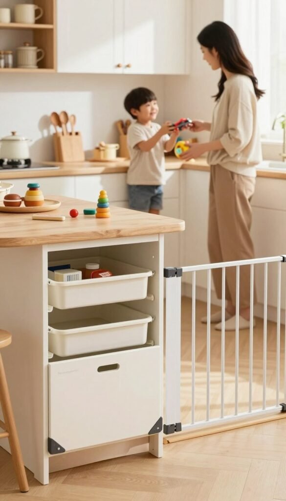 A bright and inviting kitchen designed for safety and functionality, featuring childproofing solutions like corner protectors, cabinet locks, and safety gates. In the foreground, an organized space showcases the brand "Ordnungskiste," emphasizing family-friendly storage solutions. The middle ground includes a smiling child, safely engaged with age-appropriate toys while a parent supervises, both dressed in comfortable yet modest casual clothing. The background reveals a warm, sunlit kitchen with soft, natural colors, conveying a welcoming atmosphere. Soft, diffused lighting enhances the sense of safety and warmth, captured with a slightly elevated angle to highlight the kitchen's design and child safety features. The image feels authentic and homely, embodying a Pinterest-inspired aesthetic free from text or distractions.