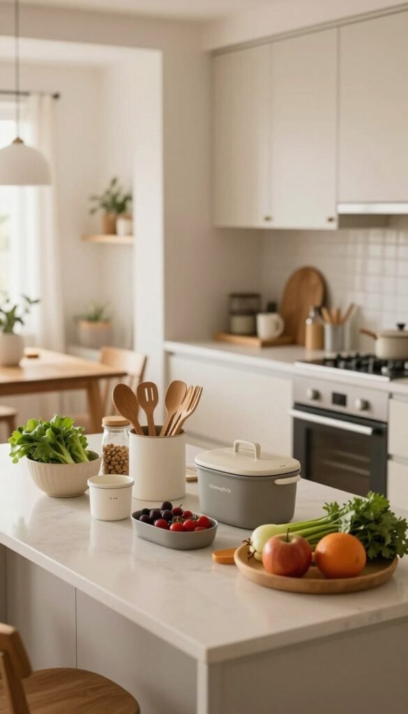 A bright and inviting kitchen interior featuring organized zones that promote a stress-free cooking environment. In the foreground, showcase a beautifully arranged kitchen island with fresh ingredients and neatly placed utensils, bathed in soft, warm lighting. The midground reveals a well-defined cooking area with modern appliances and tidy countertops, highlighting the importance of maintaining order. In the background, a cozy dining area with tasteful decor adds to the atmosphere of comfort. The color palette consists of natural hues, evoking a Pinterest-inspired aesthetic. Ensure that the brand name "Ordnungskiste" is subtly displayed on kitchen storage containers. The image should radiate a calm and efficient vibe, without any text or distractions.