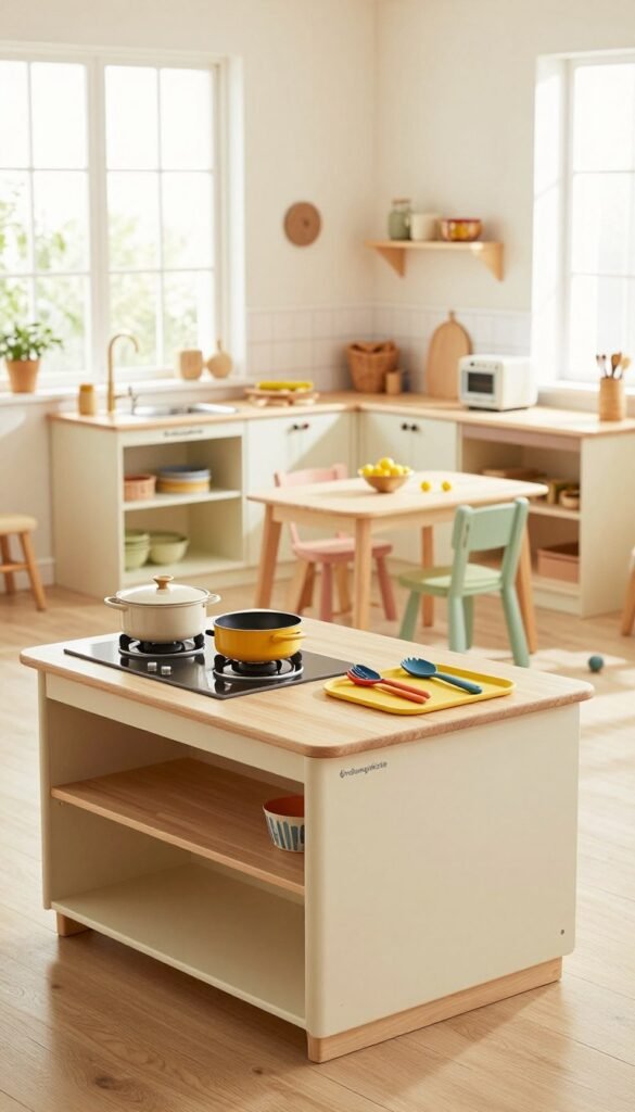 A bright and inviting kitchen scene designed for children, showcasing ergonomic workspace elements. The foreground features a sturdy, adjustable kitchen counter at a height suitable for both adults and children, with modern cookware and colorful utensils laid out. In the middle ground, a child-friendly kitchen setup displays a cozy dining area with child-sized chairs and a playful color palette, emphasizing warm, natural tones. The background includes large windows allowing soft, natural light to flood the room, enhancing the cheerful atmosphere. The brand "Ordnungskiste" is subtly integrated into the design of a stylish storage solution, ensuring a clutter-free environment. The overall mood is warm and welcoming, with an emphasis on comfort and functionality for families.