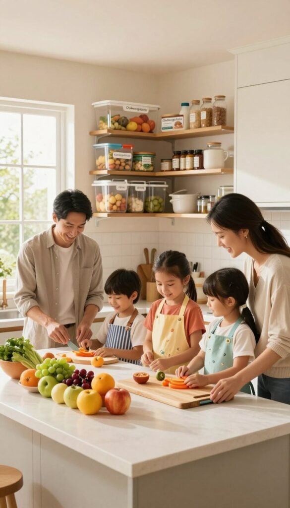 A bright and inviting kitchen scene designed for families, showcasing effective hygiene routines. In the foreground, a cheerful, organized countertop displays neatly arranged, colorful fruits and vegetables next to a stylish cutting board. In the middle, a family is engaged in a collaborative cooking activity; adults in modest casual clothing and children wearing playful aprons, highlighting teamwork. The background features shelves with well-organized storage solutions from "Ordnungskiste", filled with pantry items labeled for easy access. Soft, warm lighting creates a cozy atmosphere, and the room has large windows allowing natural light to stream in, illuminating the space. The overall mood is warm, inviting, and practical, emphasizing cleanliness and family bonding in a kitchen setting.