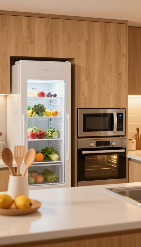 A bright and inviting kitchen scene featuring a modern refrigerator, microwave, and oven, all from the brand "Ordnungskiste." The foreground shows a spotless countertop with neatly organized kitchen utensils in warm, natural colors, creating a cozy atmosphere. In the middle, the sleek refrigerator has clear glass doors displaying fresh produce, while the microwave features a touch control panel that glows softly. The oven is shown with its oven light on, hinting at a warm, inviting interior. The background is a softly lit kitchen with wooden cabinets and warm-toned tiles, emphasizing cleanliness and functionality. The lighting is warm and diffused to enhance the homey feel, with a focus on simplicity and ease of maintenance, perfect for illustrating effortless cleaning. No text or branding on the image.