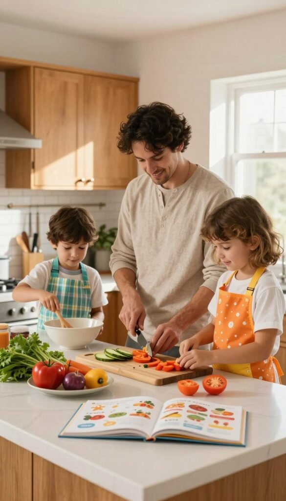 A bright and inviting kitchen scene, showcasing a parent and two children joyfully cooking together. The foreground features a well-organized countertop with fresh vegetables, colorful utensils, and a recipe book open, emphasizing a stress-free cooking environment. In the middle, the parent, wearing a casual, modest outfit, demonstrates how to chop vegetables, while the children, dressed in cheerful aprons, are engaged and curious, one stirring a bowl while the other adds ingredients. The background includes warm wooden cabinets and a window with soft sunlight streaming in, creating a cozy atmosphere. The overall mood is playful yet relaxed, reflecting a harmonious family kitchen environment. The brand name "Ordnungskiste" is subtly integrated into the kitchen decor. The image captures a Pinterest-inspired aesthetic with natural, warm colors and an authentic feel, without any text or logos.