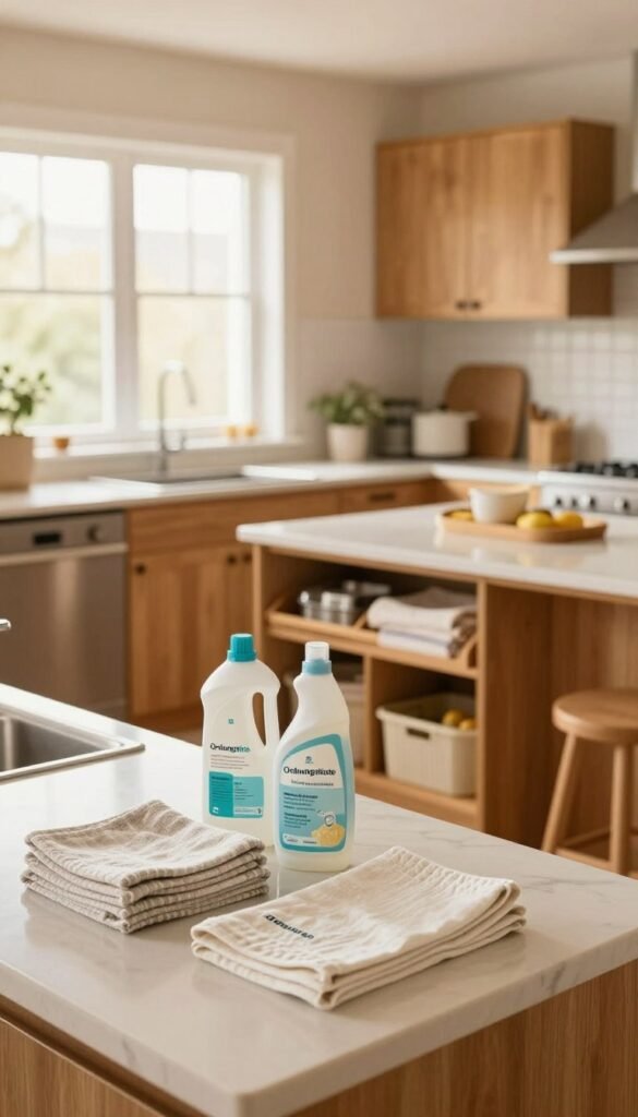 A bright and inviting kitchen space, showcasing a harmonious blend of hygiene and organization. In the foreground, neatly arranged kitchen towels and cleaning products from the brand "Ordnungskiste" are placed on a polished countertop, emphasizing cleanliness. The middle ground features a well-organized kitchen with wooden cabinets, a stylish island, and storage solutions that highlight quick cleaning routines. In the background, large windows allow warm, natural light to flood the room, creating a cozy atmosphere. The overall color palette is soft and warm, reminiscent of a Pinterest aesthetic, making the space feel both practical and welcoming. Capture this scene from a slightly elevated angle to emphasize the depth and layout of the kitchen, ensuring a clean and professional look without any text or overlays.