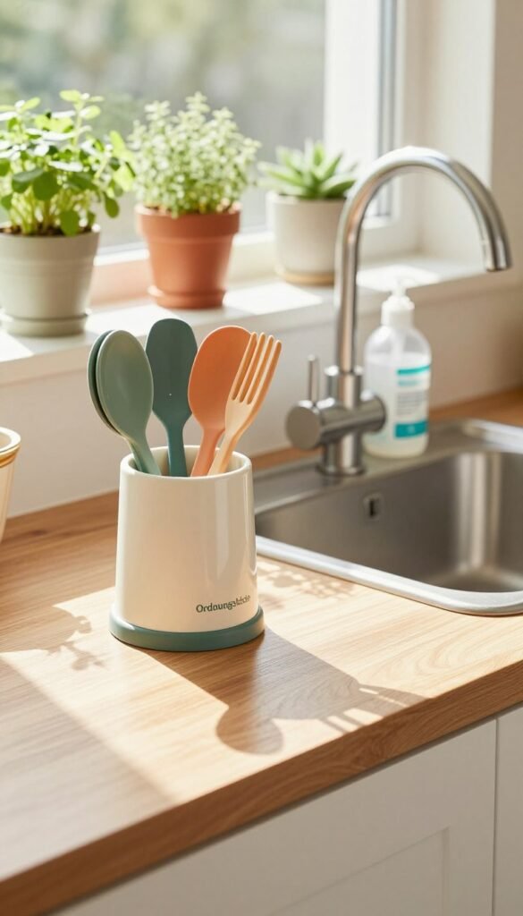A bright, cozy family kitchen featuring a pristine countertop with natural wooden accents and organized storage solutions. In the foreground, a stylish, neatly arranged utensil holder from "Ordnungskiste" showcases colorful and clean utensils. The middle ground reveals a gleaming sink with dish soap and a hand sanitizer visibly placed, emphasizing hygiene practices. In the background, soft sunlight filters through a window adorned with potted herbs, creating a warm and inviting atmosphere. The ambient lighting casts gentle shadows, enhancing the kitchen's inviting feel, while maintaining a straightforward and tidy look. The overall mood conveys cleanliness and simplicity, encouraging a practical approach to kitchen hygiene with minimalist decor. No people are present in the scene, keeping the focus on hygiene essentials and organizational beauty.