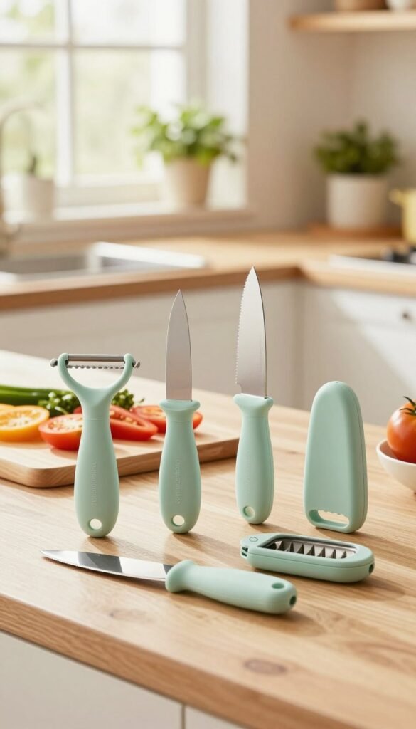A bright, inviting kitchen scene showcasing a selection of ergonomic kitchen tools from the brand "Ordnungskiste." In the foreground, display a thoughtfully arranged set of ergonomic utensils, such as a comfortable grip peeler, an easy-hold knife, and a multi-functional can opener. In the middle, include a chopping board and colorful vegetables, giving a sense of use and functionality. The background should feature warm, natural lighting filtering through a window, highlighting a clean and organized kitchen space adorned with houseplants for a cheerful atmosphere. The overall mood is warm and welcoming, evoking a sense of ease and accessibility for kitchen users, with a Pinterest-inspired aesthetic, ensuring no text or overlays are present.