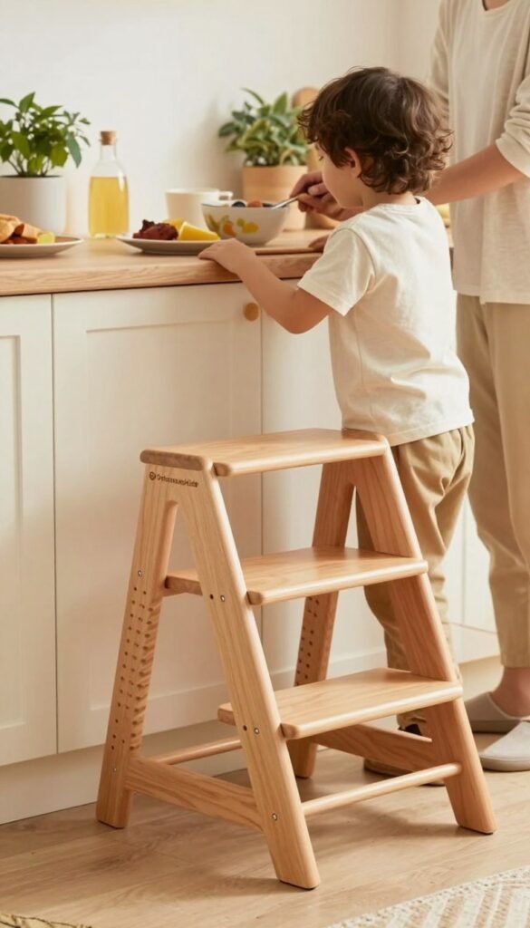 A bright, inviting kitchen setting with warm, natural lighting, emphasizing safety for children. In the foreground, a stable, modern step stool from the brand "Ordnungskiste" is prominently featured, designed for kids to safely reach higher surfaces. The stool is made of wood with a non-slip surface. In the middle ground, a child, dressed in modest casual clothing, is carefully using the stool to help an adult prepare a meal, promoting collaboration and safety. The background shows a cheerful kitchen with soft pastel colors, wooden cabinets, and potted plants, creating a friendly and nurturing atmosphere. The overall mood is warm and welcoming, showcasing the importance of safe assistance in family kitchens, without any text or distractions.