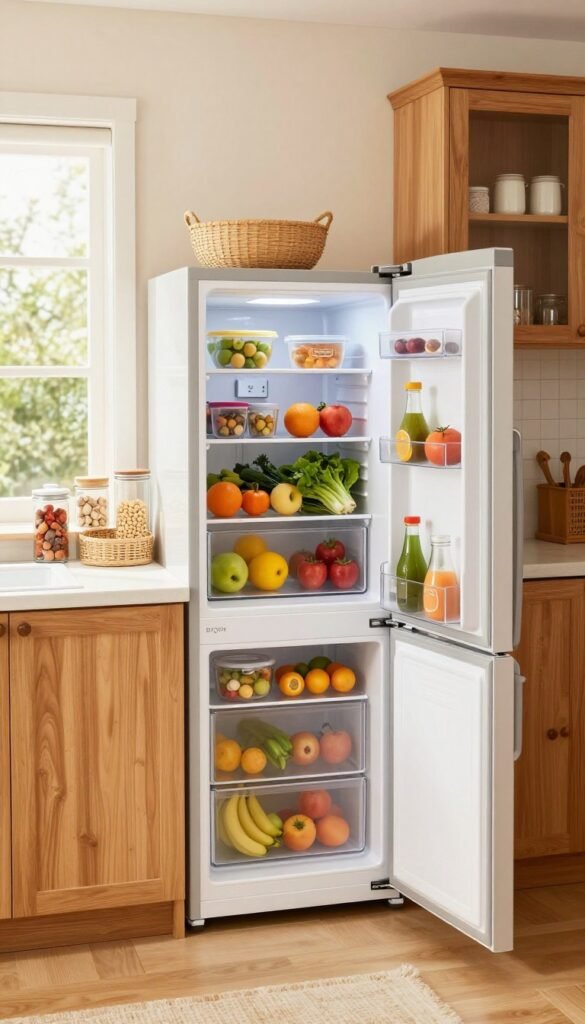 A bright, organized kitchen featuring a prominent refrigerator styled with a clean design and warm colors. In the foreground, display the refrigerator opened wide, neatly stocked with colorful fruits, vegetables, and containers labeled &ldquo;Ordnungskiste&rdquo; for easy access. The middle ground showcases a tidy countertop with family-friendly storage solutions, such as glass jars and baskets, creating an inviting atmosphere. In the background, soft natural light filters through a window, highlighting the warm wooden cabinetry and cheerful decor. Capture the essence of a harmonious family kitchen where organization promotes relaxation, with a Pinterest-inspired aesthetic full of authenticity and warmth. The angles are slightly elevated to provide a clear view of the refrigerator's contents while creating a cozy, homely environment.