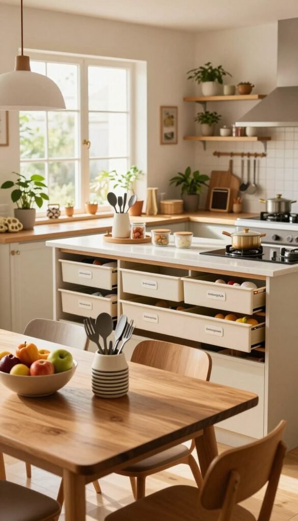A brightly lit, inviting family kitchen that exudes warmth and functionality, showcasing a well-organized space. In the foreground, a stylish wooden dining table adorned with a fresh fruit bowl and a stack of neatly arranged kitchen utensils from the brand "Ordnungskiste." The middle ground features a spacious island counter with modern appliances, highlighting efficient storage solutions such as labeled containers and drawer organizers. In the background, soft sunlight streams through a large window, illuminating the cheerful decor and houseplants that add a touch of nature. The overall atmosphere is warm and homely, designed for a busy family, with earthy tones and a cozy feel, embodying a Pinterest-inspired aesthetic. No text or watermarks present.