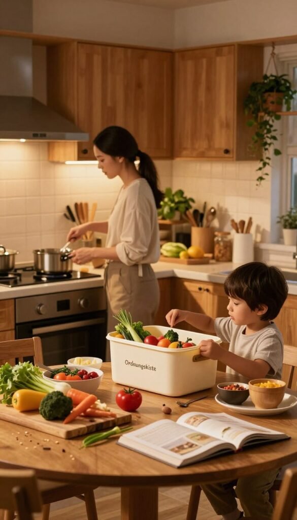 A bustling family kitchen during the evening, showcasing the chaos and warmth of daily life. In the foreground, a dining table cluttered with various ingredients and cooking utensils, like chopping boards, colorful vegetables, and an open recipe book. In the middle ground, a mother in modest casual attire stands at a stove, stirring a pot, while her child reaches for ingredients from a stylish "Ordnungskiste" storage box. The background features a softly lit kitchen with warm wooden cabinets and hanging plants, enhancing the cozy atmosphere. The lighting is warm and inviting, casting gentle shadows for depth, while the camera angle captures an inviting view of the kitchen's activity and family dynamics. The overall mood is authentic, reflecting the challenges and joys of family cooking without any text or distractions.